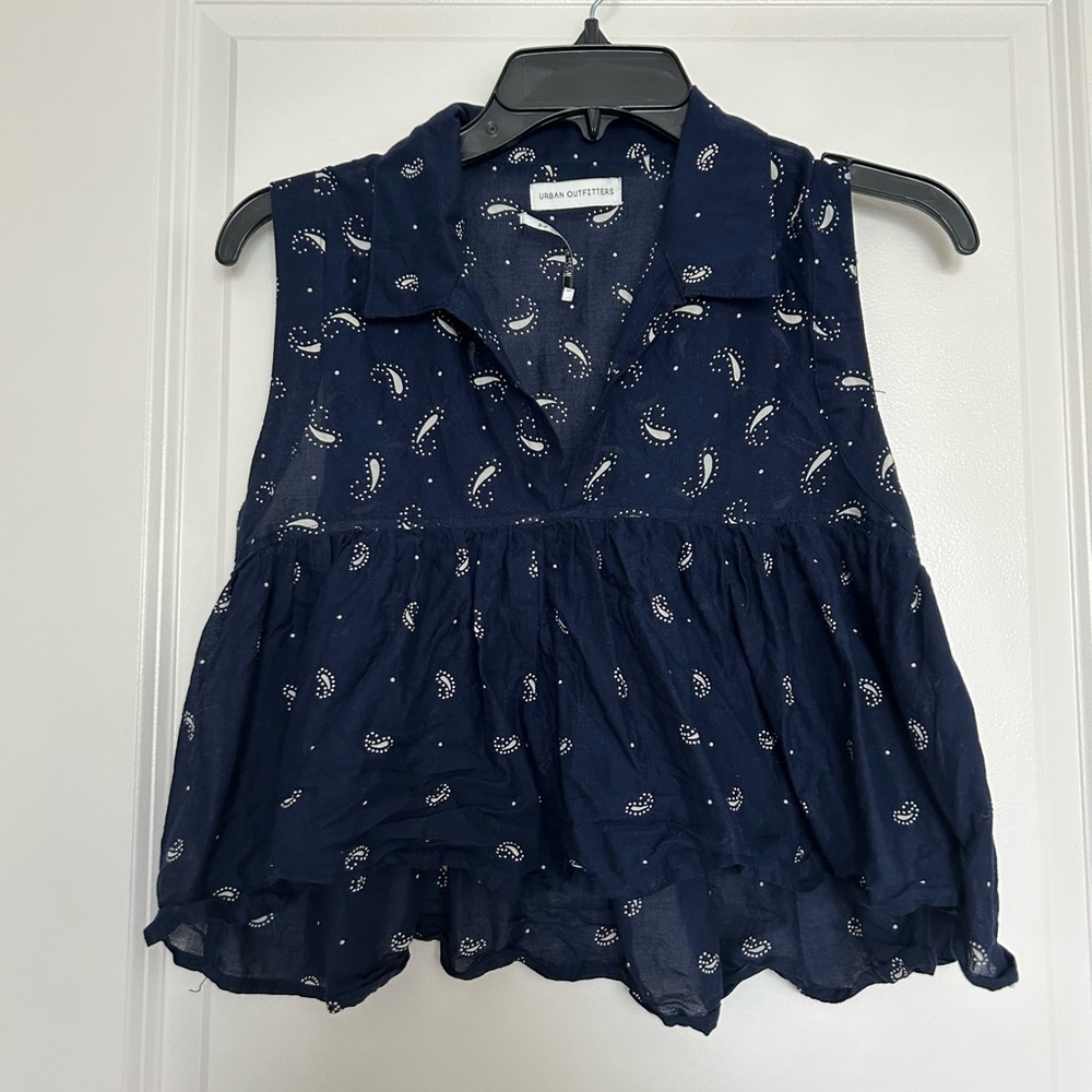 Urban Outfitters Navy Paisley Sleeveless Peplum Tank Top